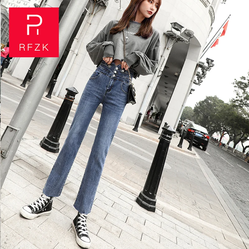 

RFZK Women's High Waist Jeans Plus Size Loose Straight Trendy Casual Mom Jeans 2020 Fashion High Waist Straight Casual Jeans