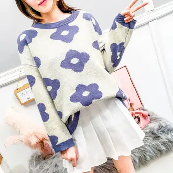 

2019 Autumn Winter New Women Fashion Long Sleeve Sunflower Knitted Loose Pullovers Sweaters Casual Outwear Sweater Coat