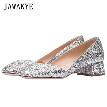 

Glitter Bling Sequins Rhinestone heels Women shoes Silver Round toe patent leather crystal chunky Low heel Party Shoes Woman