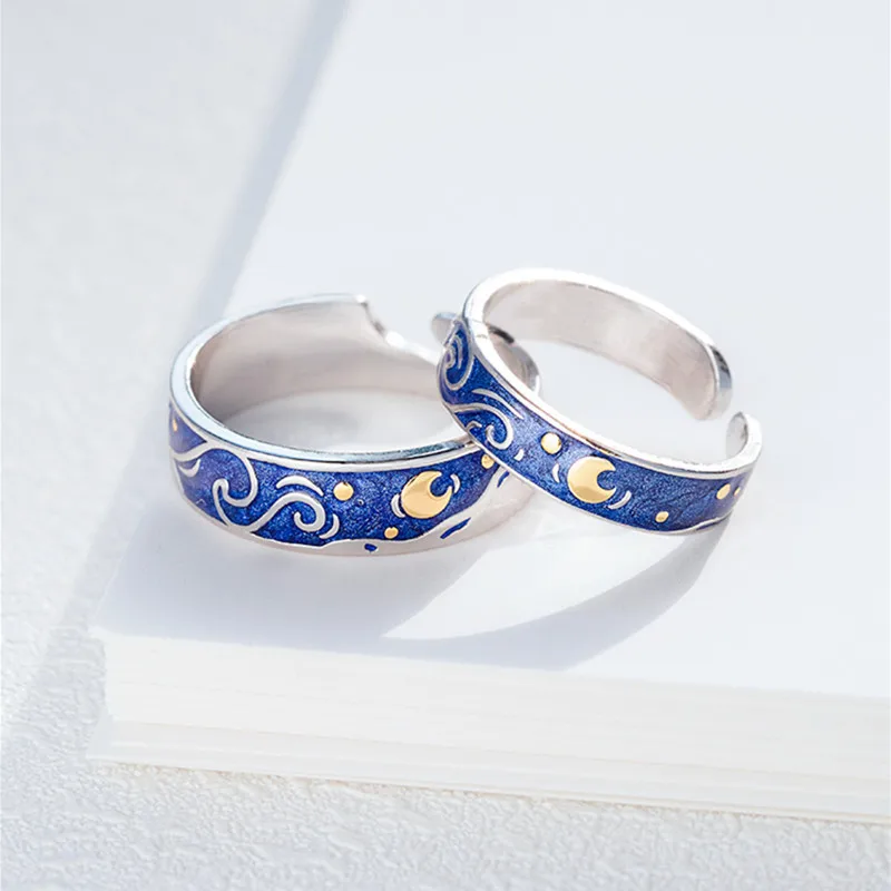 Превосходит множество 925 пробы Ван Гога Звездное небо пары кольцо женский корейский стиль Мода Элегантный морской синий ручной ювелирные изделия