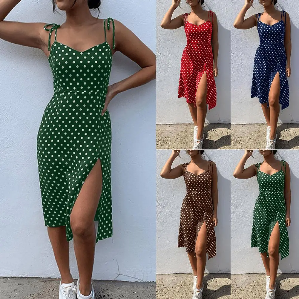 Women Sexy Spaghetti Strap Lace Up Polka Dot Split Hem Backless Summer Dress | Женская одежда