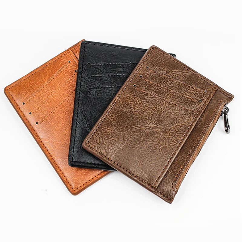 Ultra Thin Zipper Wallet Men's Small Wallet Business PU Leather Wallets Card Case Solid Color Card Coin Purse Credit Bank Holder