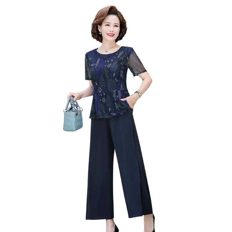 Mother Summer Short Sleeve T-shirt ops + Pants Middle-aged Women Clothes Temperament Two Pieces of Suits Female Age 2 Pieces Set two piece skirt set