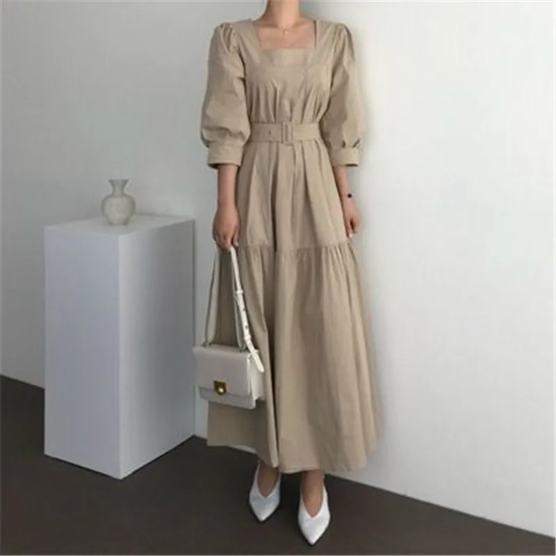 

RUGOD French Style Autumn Dress with Belt for Ladies Square Collar Puff Sleeve Women's Clothing Chic Female Sundresses 2020
