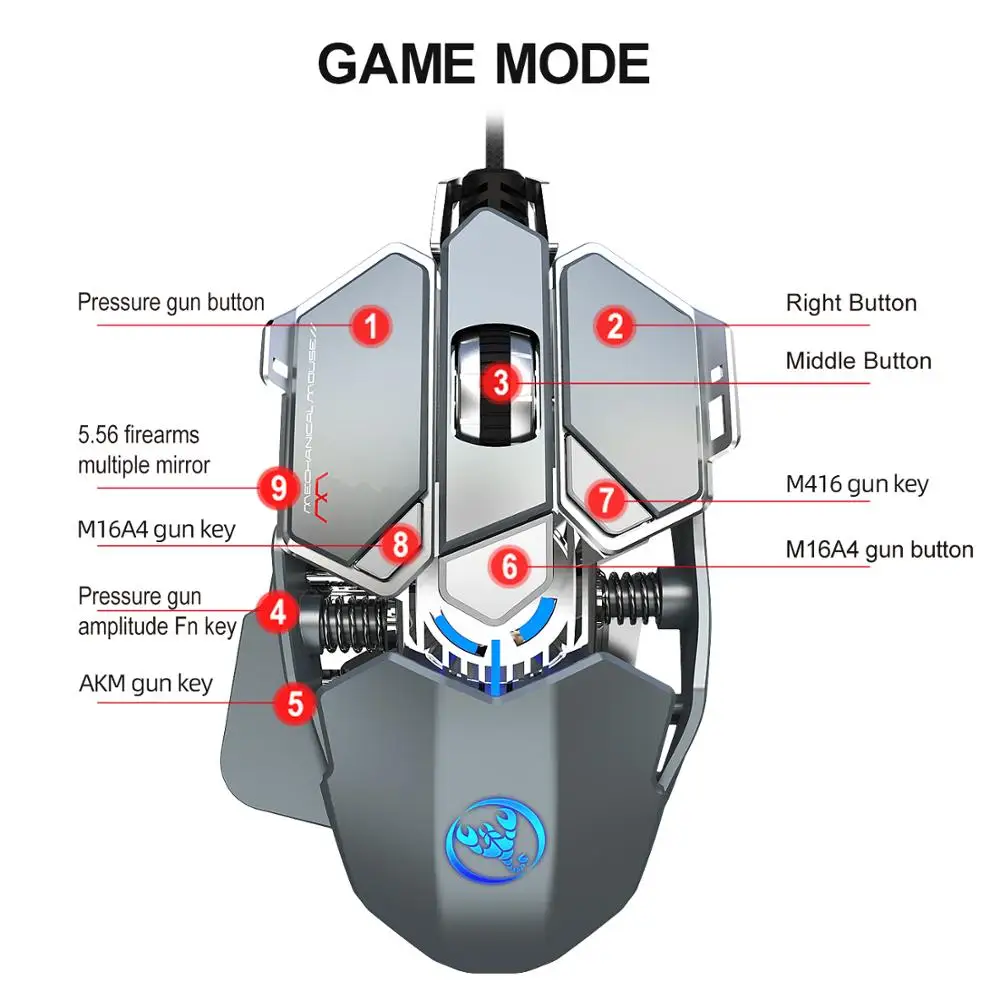 Новая Механическая игровая мышь J600 eat chicken 6400 dpi, программируемая проводная мышь с 9 клавишами, светильник, крутой автоматический пистолет с эргономикой