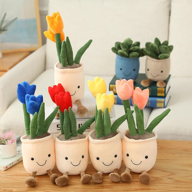 Lifelike Tulip&Succulent Plants Plush Stuffed Decor Toys Soft Bookshelf Decor Doll Creative Potted Flowers Pillow for Girls Gift 1