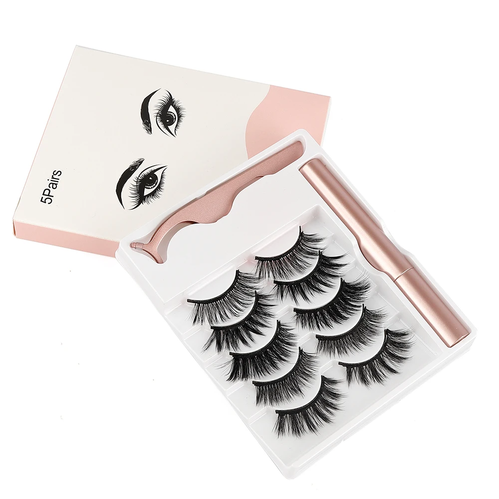 5Pairs 5D Magnetic False Eyelashes Liquid Eyeliner Kit Reusing Comestic Magnet Fake Eyelashes Fiber Lashes Comfortable 1