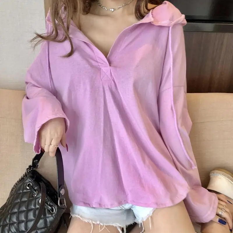 Весенняя футболка с капюшоном, v-образный вырез, сексуальные футболки, женские топы с длинным рукавом, женская футболка, розовая, фиолетовая футболка, новая модная одежда