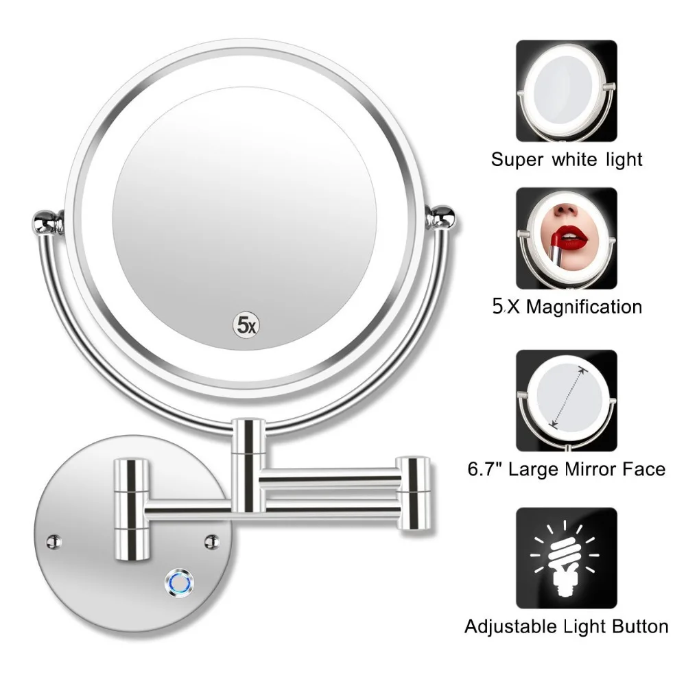 8,5 "светодио дный двусторонний Поворотный Настенный изящный mirror-5x увеличение, 13,7" расширение, нажмите кнопку регулируемый свет