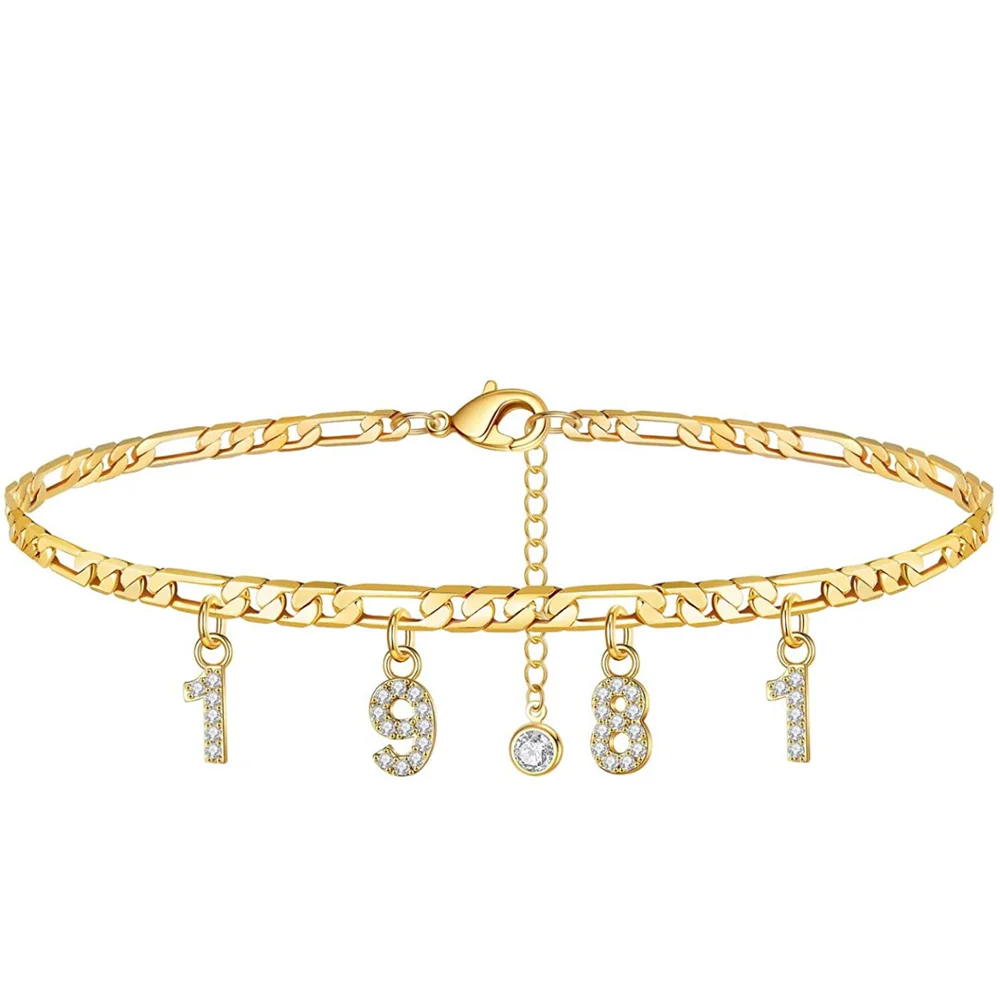 Pulsera de tobillo con número de año de nacimiento para mujer, tobillera con fecha de cúbica delicada, con relleno oro de 14 quilates, personalizada, para playa|Personalizado Tobilleras| - AliExpress