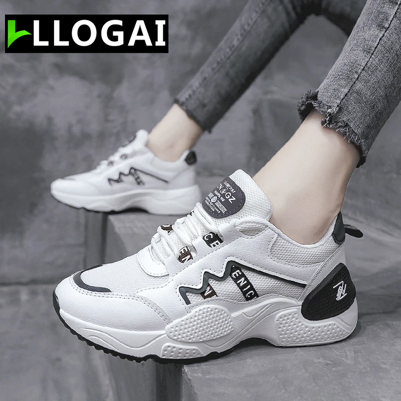 

2019 New Women Vulcanized Shoes Autumn Breathable Mesh Round Head Sneakers Shoes Woman Lace Up Casual Shoes Ladies Running Shoes
