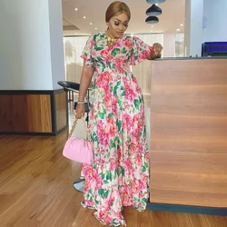 African Print Long Dresses For Women Boho Floral Chiffon Dress Ankara Dashiki Party Gown Abaya Elegant Ladies Summer Clothing