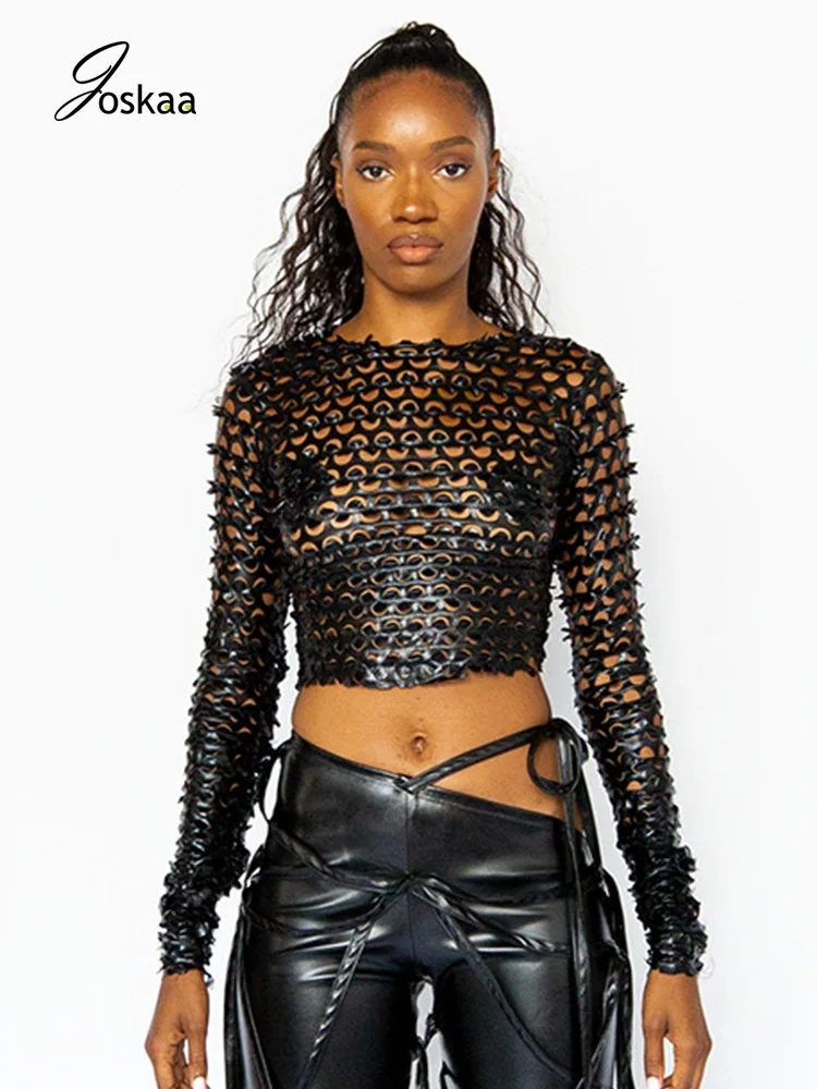 

Joskaa Moto Y2k Women High Street Hollow Jackets Long Sleeve O Neck See Through Hole Solid Slim Sexy Crop Tops Night Club Party