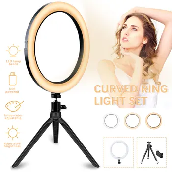 

LED Curved Ring Light 3 Modes Dimmable USB with Desktop Tripod Phone Holder for Smartphone Youtube Makeup Video Ring Light