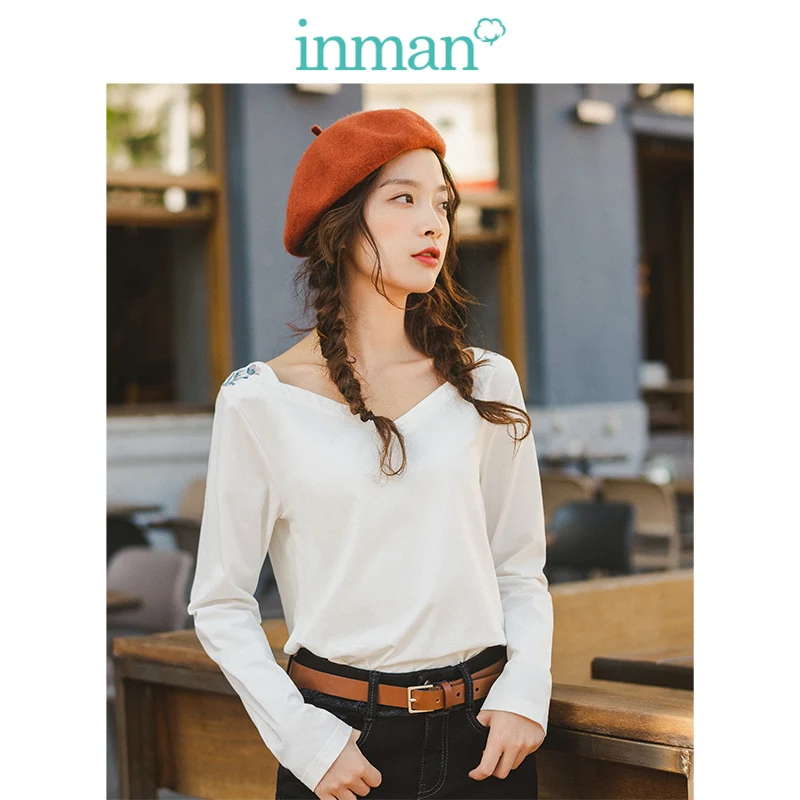 

INMAN 2019 Autumn New Arrival Elastic Cotton Solid Minimalism All Matched Elegant Boat Neck Women T-shirt