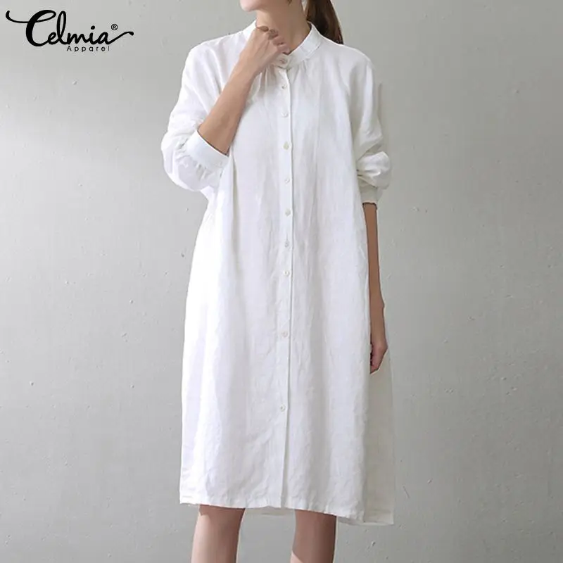 

Women Retro Linen Dress Casual Solid Long Sleeve Sundress 2019 Celmia Fashion Female Shirts Dress Plus Size Party Loose Vestidos
