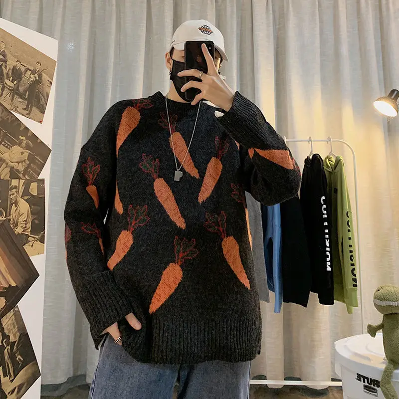 

2022 Men's Loose Youth Fashion Knitting Long Sleeve Cashmere Sweaters Printed Round Neck Wool Pullover 3-color Coats M-2xl