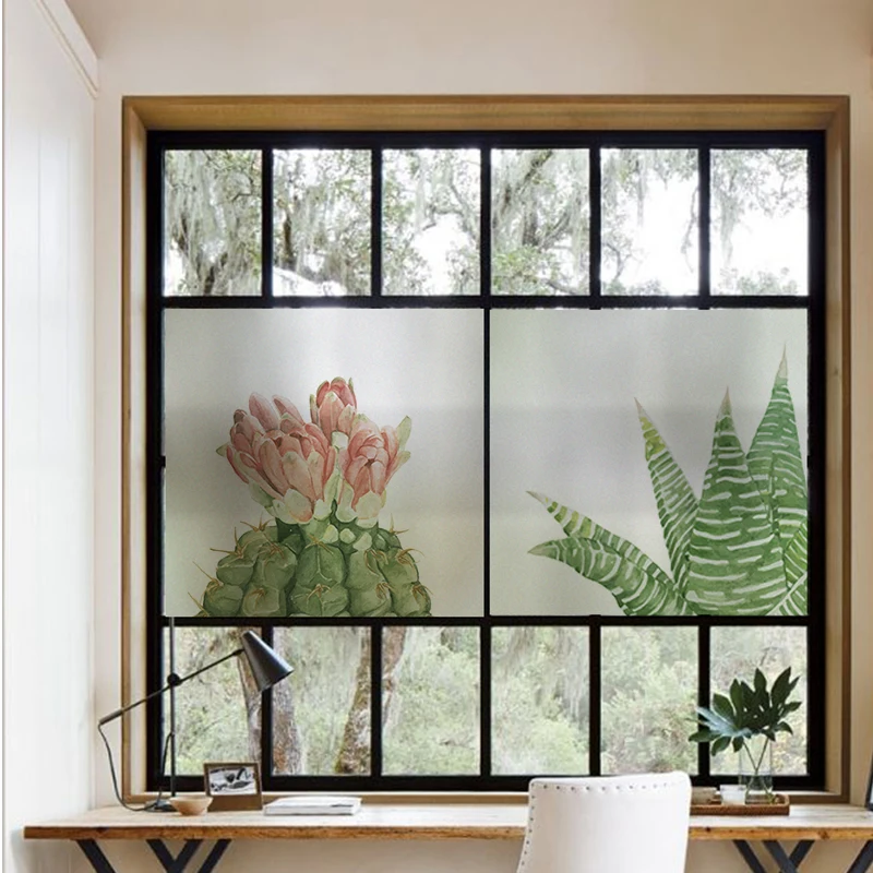 Window Privacy Film Vinyl Glass Sticker Non-Adhesives Window Clings Static Cling Window decor Decal Cactus Plants GS024