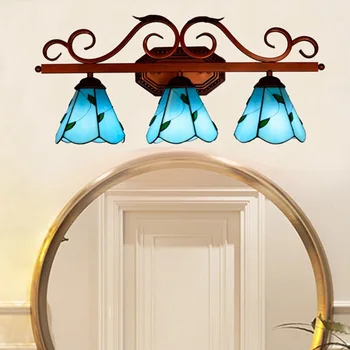

European-Style Mediterranean Blue Tiffany Glass Bathroom Mirror Front Lamp American Corridor Bar Restaurant Three-Head Wall Lamp