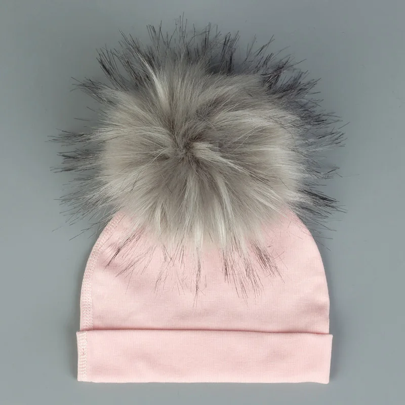 19Light Pink Зимние теплые мягкие шапки для новорожденных девочек и мальчиков с помпонами, меховые шапочки для малышей, Детские Кепки из хлопка, шапка - Цвет: 19Light Pink