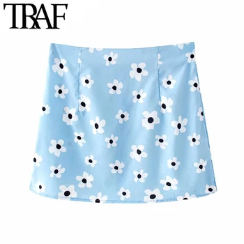 

TRAF Women Sweet Fashion Floral Print Mini Skirt Vintage A Line Back Zipper Summer Beach Female Skirts Faldas Mujer