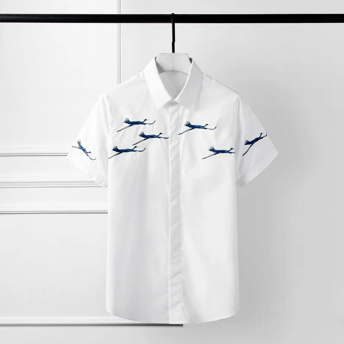 Mens Shirts Plus Size 4xl Luxury Flying Crane Embroidery Short Sleeve Mens Dress Shirts Fashion Slim Casual Man Shirt