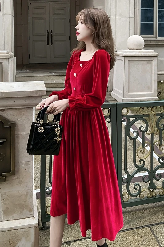 COIGARSAM Französisch Stil Frauen kleid Neue Vintage Kleider Rot  3578|Dresses| - AliExpress