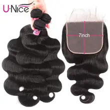 Волосы UNICE, бразильские человеческие волосы, 3 пряди, с кружевной застежкой, 7 дюймов, x7 дюймов, объемные волнистые пряди, с кружевной застежкой, волосы remy для наращивания