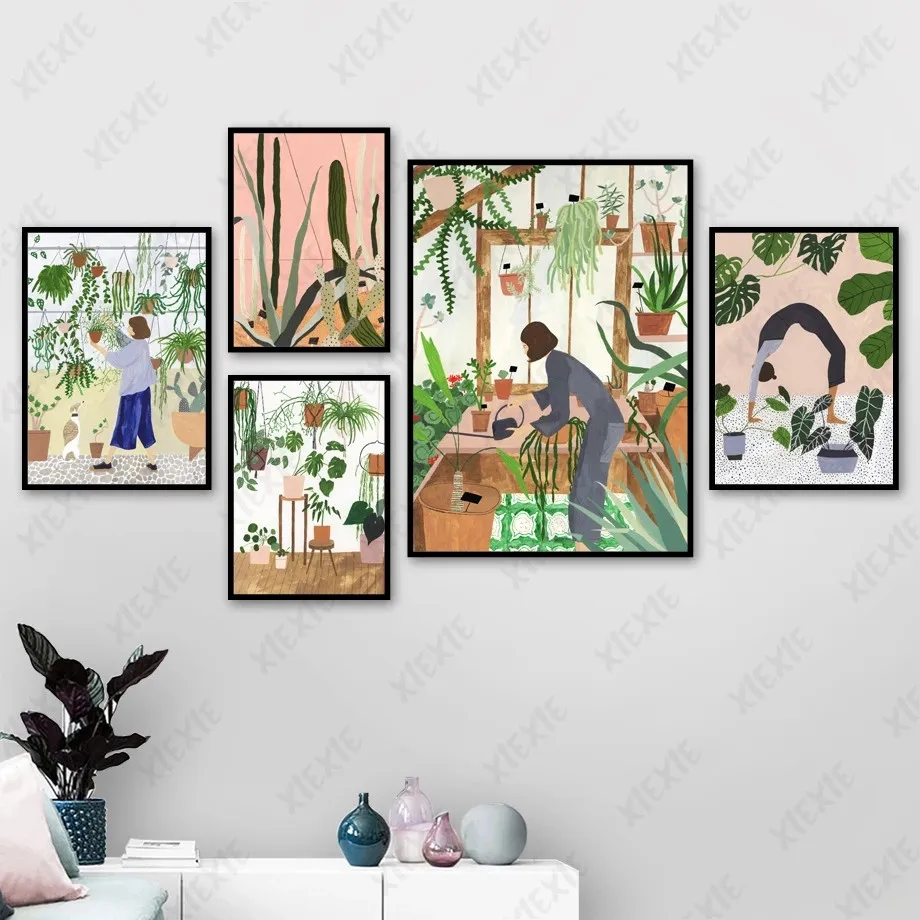 

Pastoral Personality Girl Posters Practicing Yoga Canvas Painting Watering Life Wall Art Picture Decoration Home Living Room