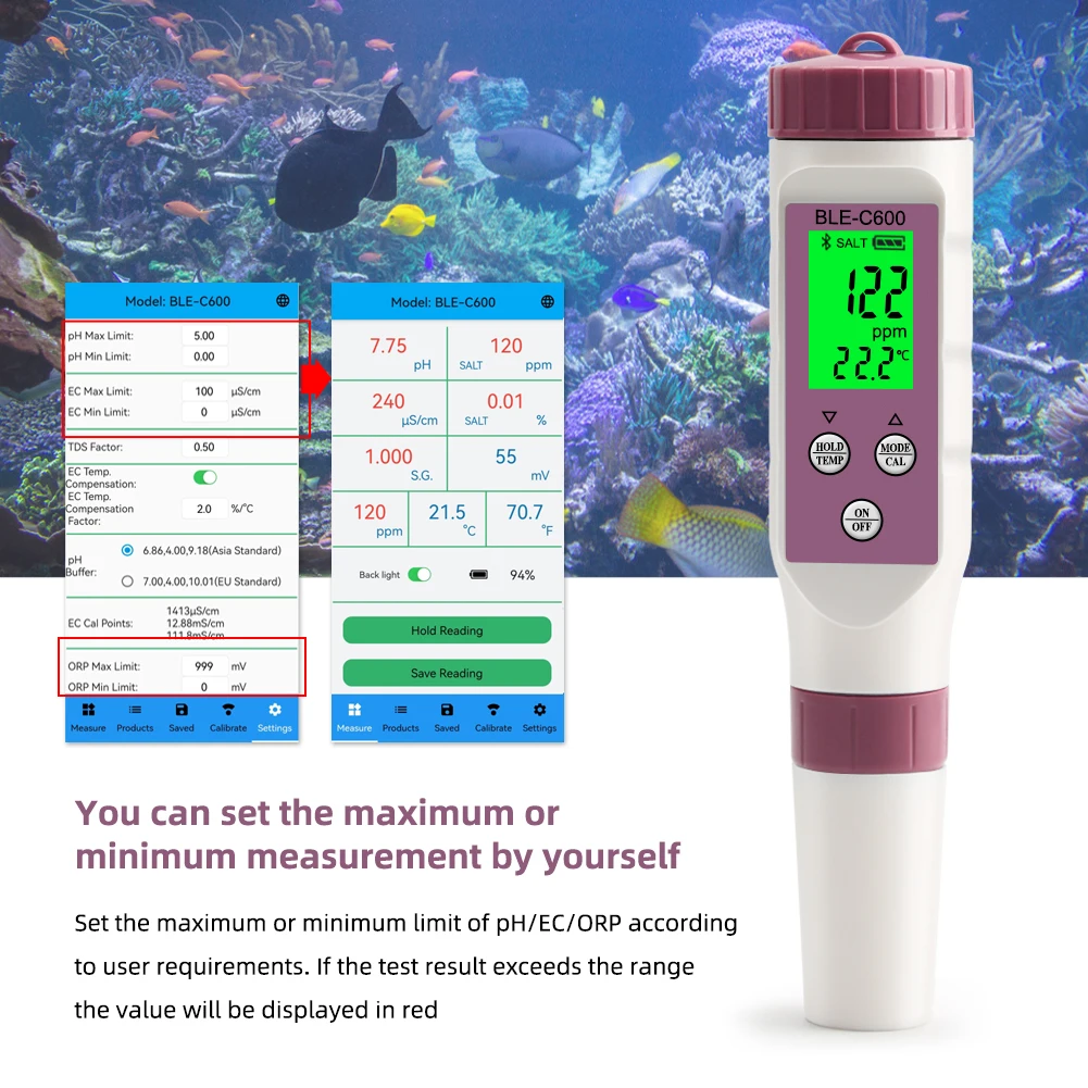 Bluetooth Temp ORP EC TDS Salinity S.G PH Meter Water Quality Acidity Tester Online APP Control for Drinking Hydroponic Aquarium outside micrometer