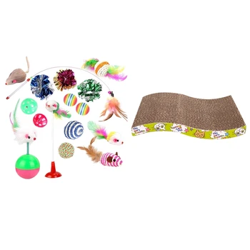 

17 Pcs Pet Cat Toys: 1 Pcs Cat Scratcher Pad Catnip Bed S Shape & 16 Pcs Variety Toy Set Interactive Feather Teaser Toy