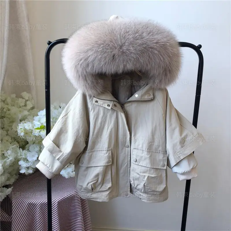 Large Collar Real Fur Long Kids Jackets Winter Parkas Autumn Children's Boys Girls Detachable Rex Rabbit Fur Liner Coat - Цвет: Khaki