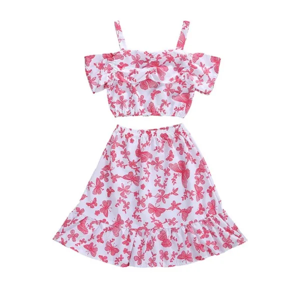 Pudcoco Baby Girl Holiday Casual Clothes Set Off Shoulder Sling Top Ruffle Swing Skirts Printing 2pcs Outfits Kids Children 2-7y | Мать и