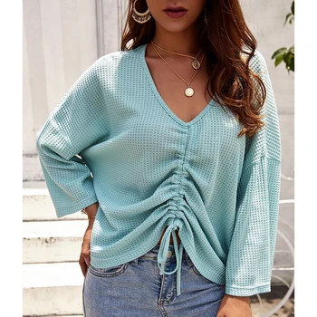 

B 2020 Women Summer Elegant New Fashion Design V-neck Long-sleeved Drawstring Sweater Casual Pullover Top Color Large Size