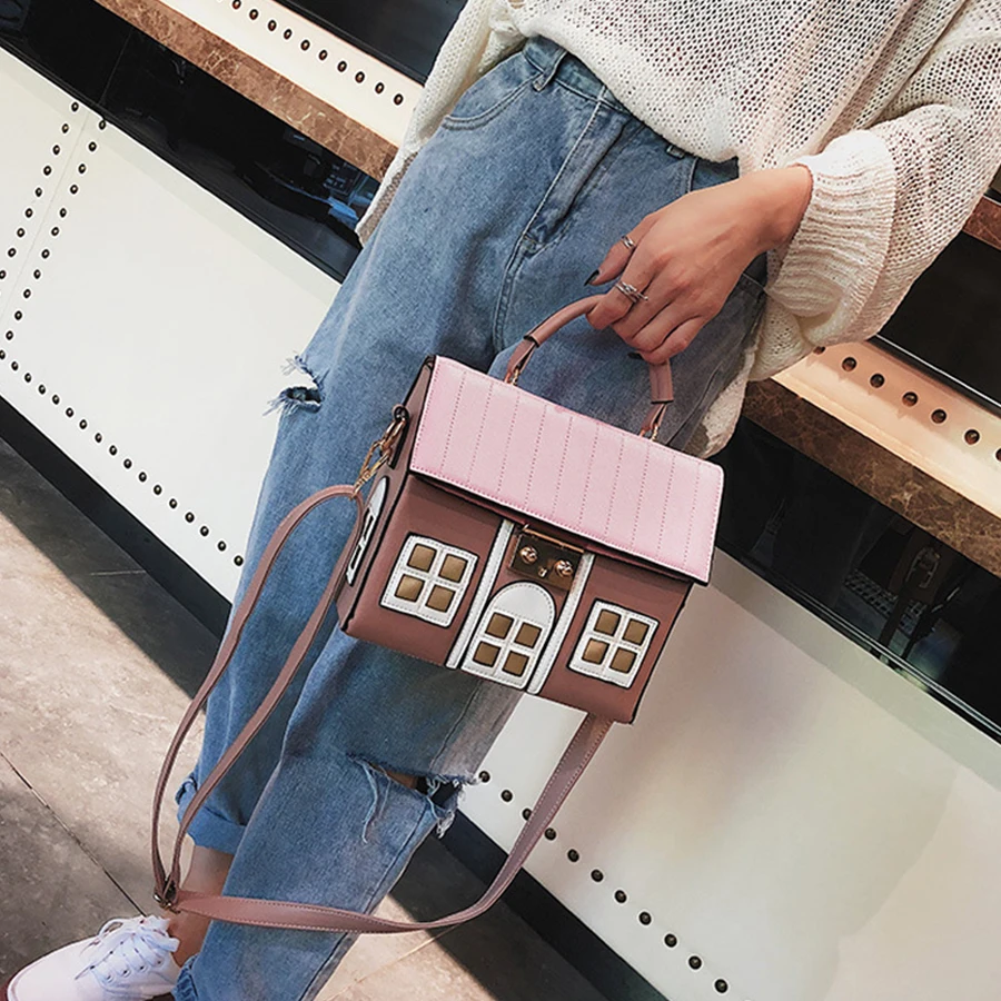 Kopen Grappige Leuke Cartoon Huis Ontwerp Pu Lederen Handtas vrouwen Persoonlijkheid Handtas Dames Schouder Crossbody Messenger Bag Bolsa Nieuwe