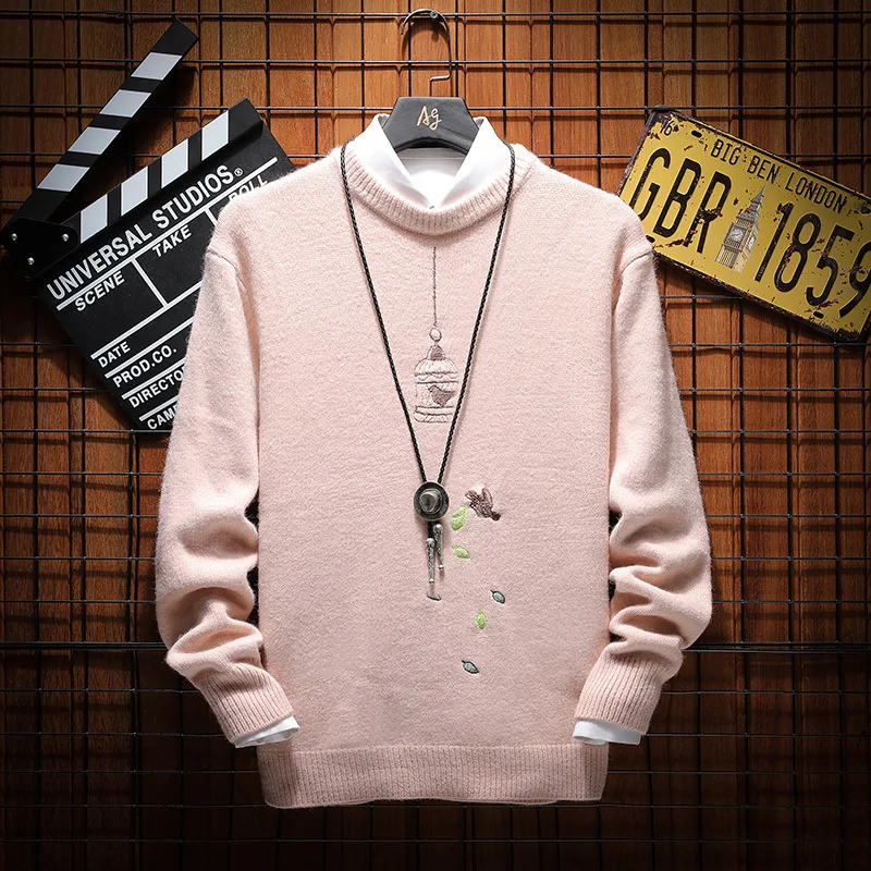 

Winter Sweater Men Warm Fashion Embroidery Stitching Casual O-neck Knit Pullover Man Streetwear Wild Loose Long-sleeved Sweater