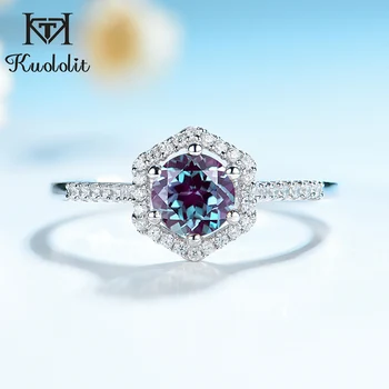 

Kuololit Natural Alexandrite Gemstone Ring for Women Solid 925 Sterling Silver 0.8ct Round Luxury Ring for Engagement Bridal New
