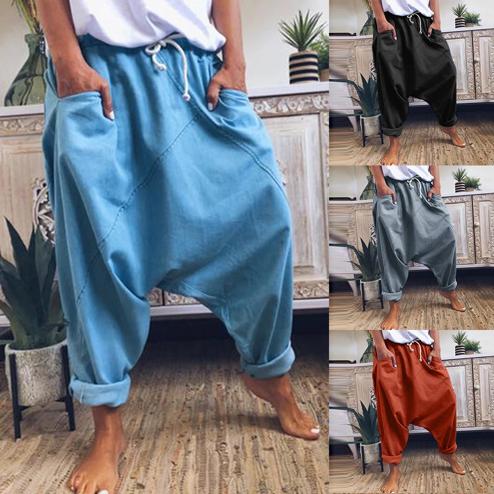 Women Harem Pants Trousers Boho Mid Waist Pants Women Solid Check Pants Baggy Wide Leg Casual Capris 2020 Women Harem Pants Trousers Boho Mid Waist Pants Women Solid Check Pants Baggy Wide Leg Casual Capris 2020