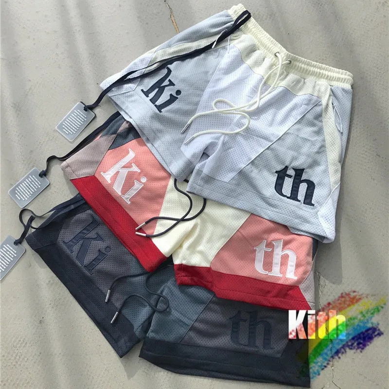 Pantalones cortos de malla KITH para hombre y mujer, Shorts de Patchwork de alta calidad, de gran tamaño, transpirables con cordón, 1:1, 2021ss