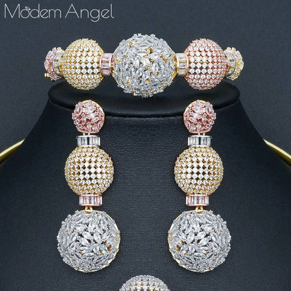 ModemAngel роскошный 3 тон цветок мака 4 шт. нигерийский набор украшений для женщин Свадебные с кубическим Цирконом Кристалл CZ свадебные серьги кольцо Se