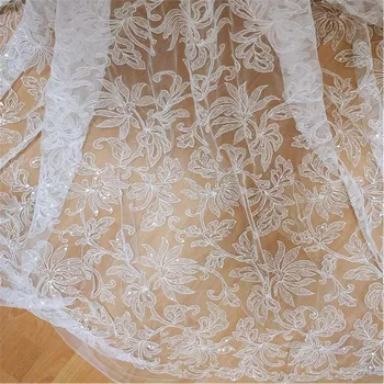 

Beautiful ivory lace fabric flower embroidered lace fabric romantic wedding sequins tulle lace fabric by the yard