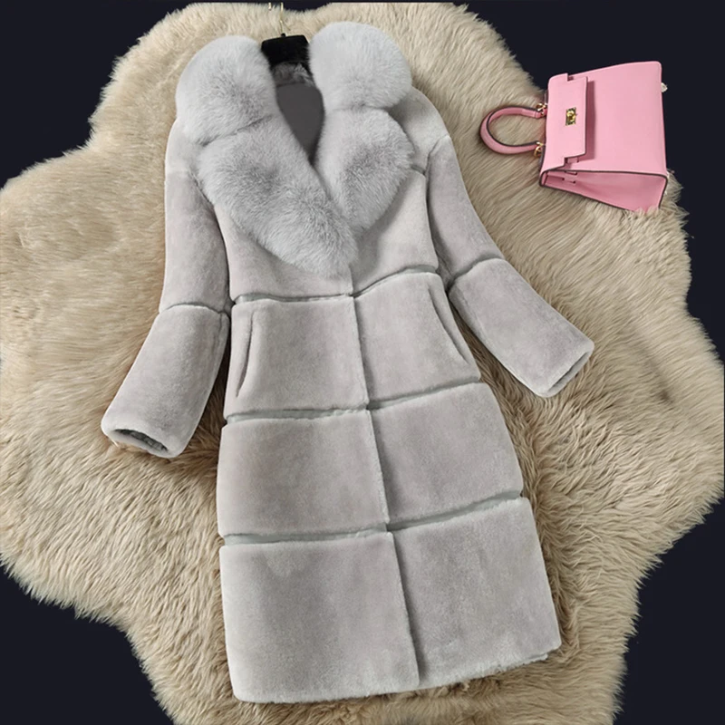Роскошное зимнее пальто из искусственного меха, Женская Толстая длинная куртка, модная женская верхняя одежда с воротником из искусственного меха лисы, женское теплое пальто из искусственного меха