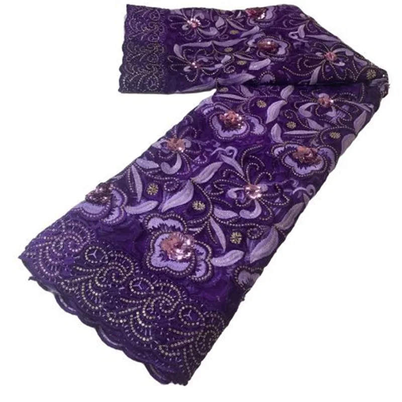 

2022 Purple African Glittering Lace Fabric With 3D Flower Mix Sequins Mesh Lace Sew Clothes Traditional Wear Evening Gown
