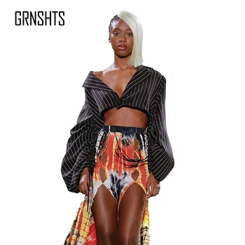 

2019 Autumn New Chinese Knot Stripe Long-sleeved Lapel Short Fashion Sweatershirt Tassel Puff Sleeve Turn Down Sexy Tops Women L