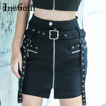 

InsGoth Women Mini Bodycon Skirts Gothic Hip Hop Fashion Streetwear Skirts High Waist Black Lace Up Belt Female Pencil Skirts