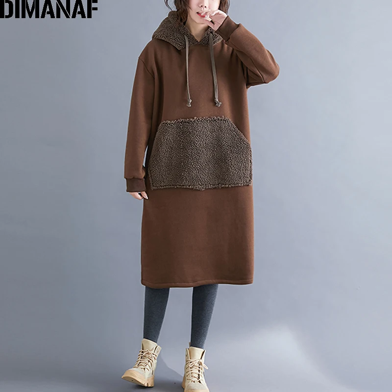 Yi96962CN-kafei DIMANAF женское платье большого размера, зимнее кашемировое женское платье с карманами, повседневное свободное платье с капюшоном - Цвет: Yi96962CN-kafei
