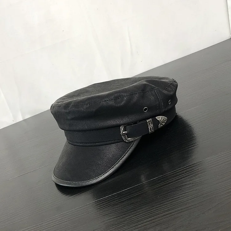 black Новая осенне-зимняя кожаная военная шапка, армейская кепка, берет, женская шапка, женские черные береты, кепка s для женщин, Sombrero, плоская кепка - Цвет: black