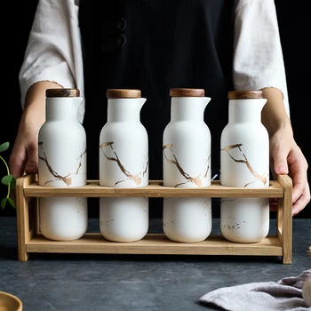 

380ml Simple Ceramic Marble Pattern Oil Pot Soy Sauce Vinegar Bottle Wooden Shelf Modern White Seasoning Bottle Kitchen Supplies
