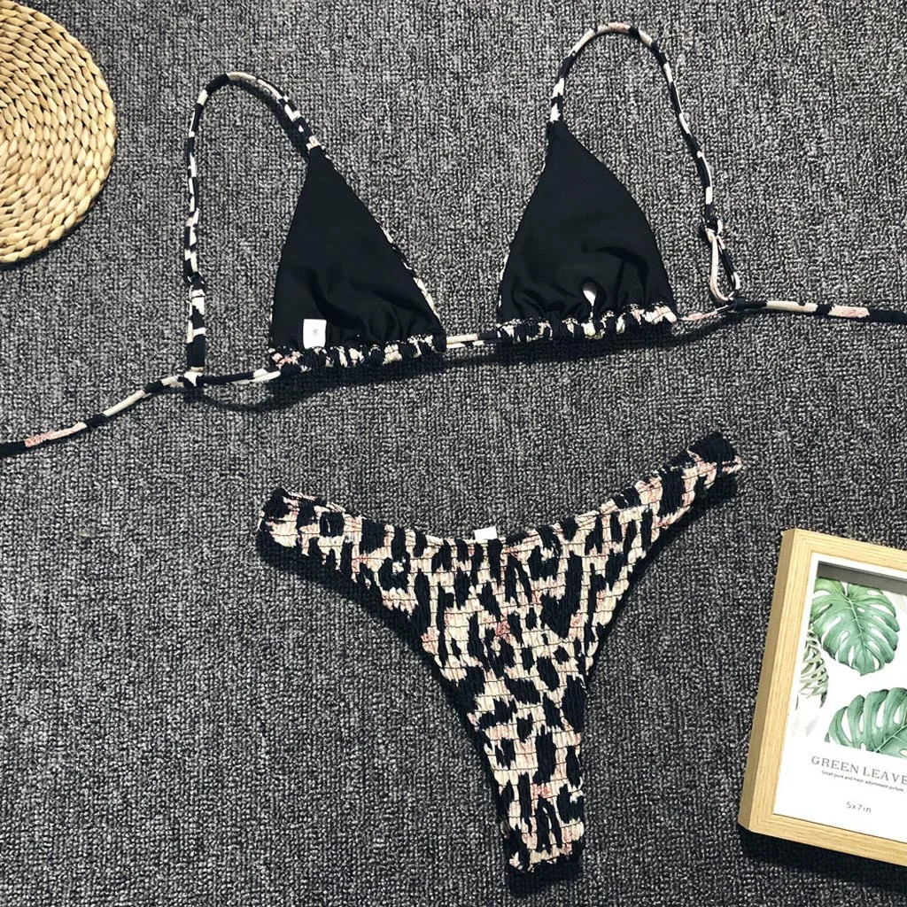 JAYCOSIN sexy women swimwear leopard print pleated split beachwear bikini sling simple fashion black swimwear summer trend L 