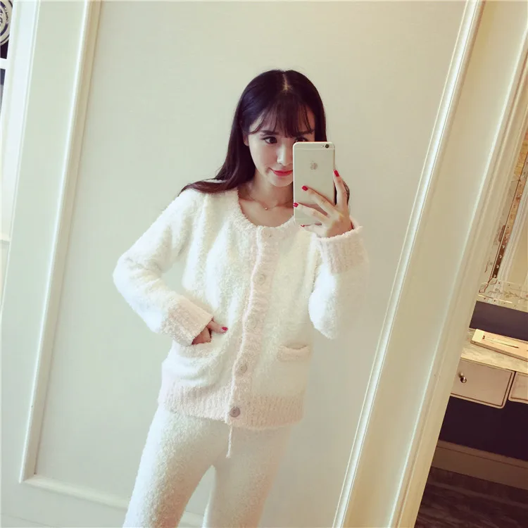 

Soft Pajamas WOMEN'S Suit Sweet Knitted Yarn Long Sleeve Button-Thick Warm Tracksuit Autumn & Winter